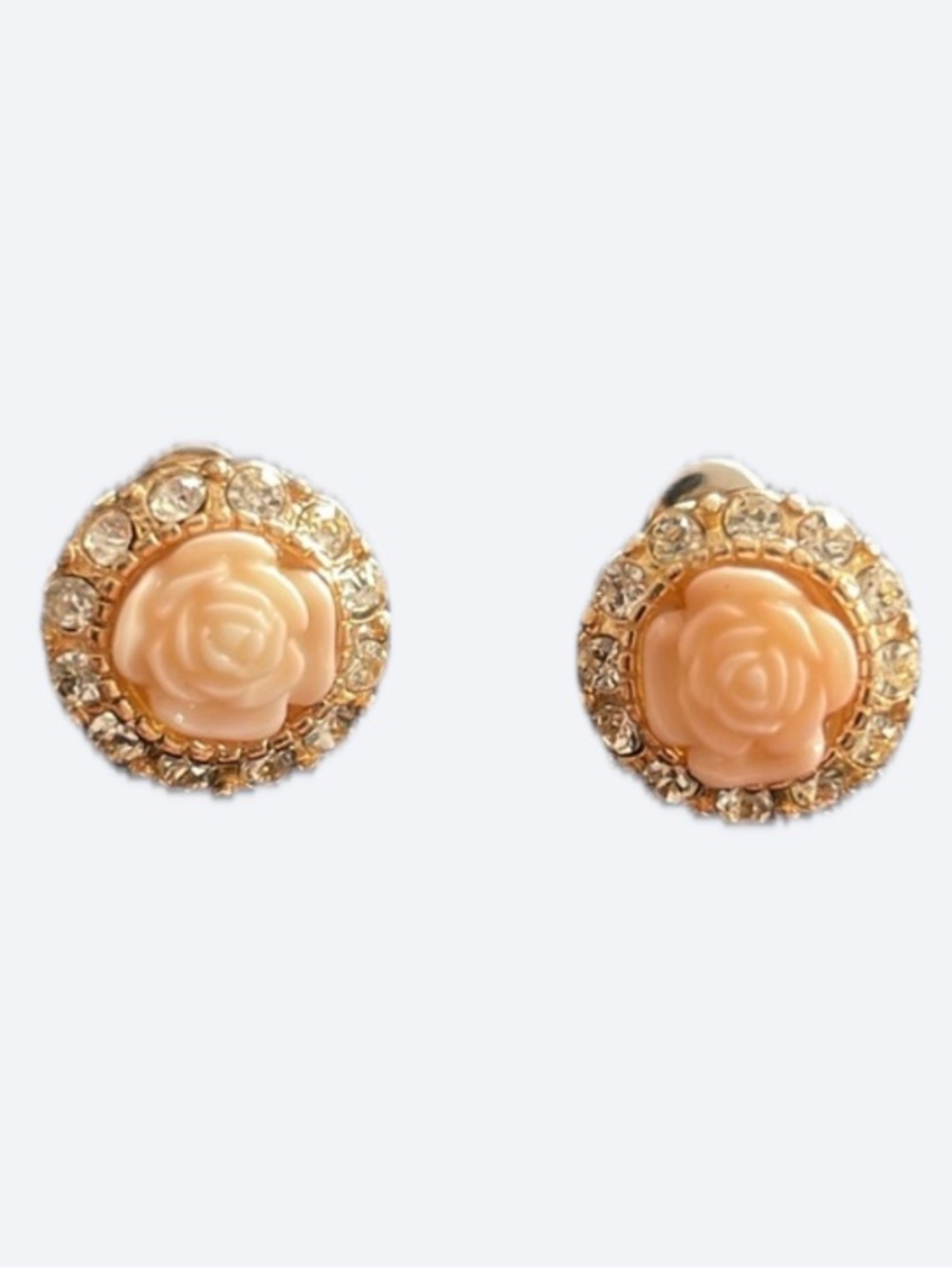 Peach Rose Flower Gold Tone Stud Earrings Rhinestone